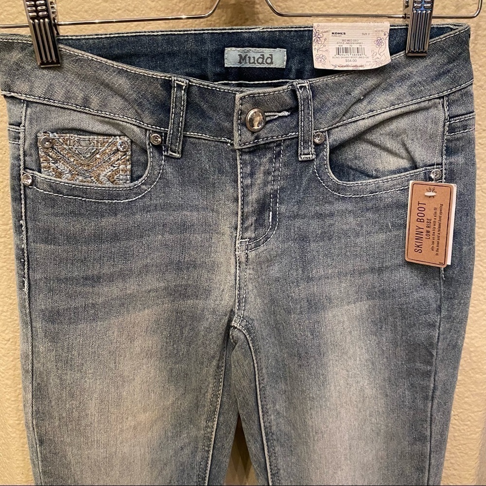 NWT~MUDD Light Blue Embellished Bling Skinny Boot Low Rise Jeans Size 3 - Picture 6 of 10
